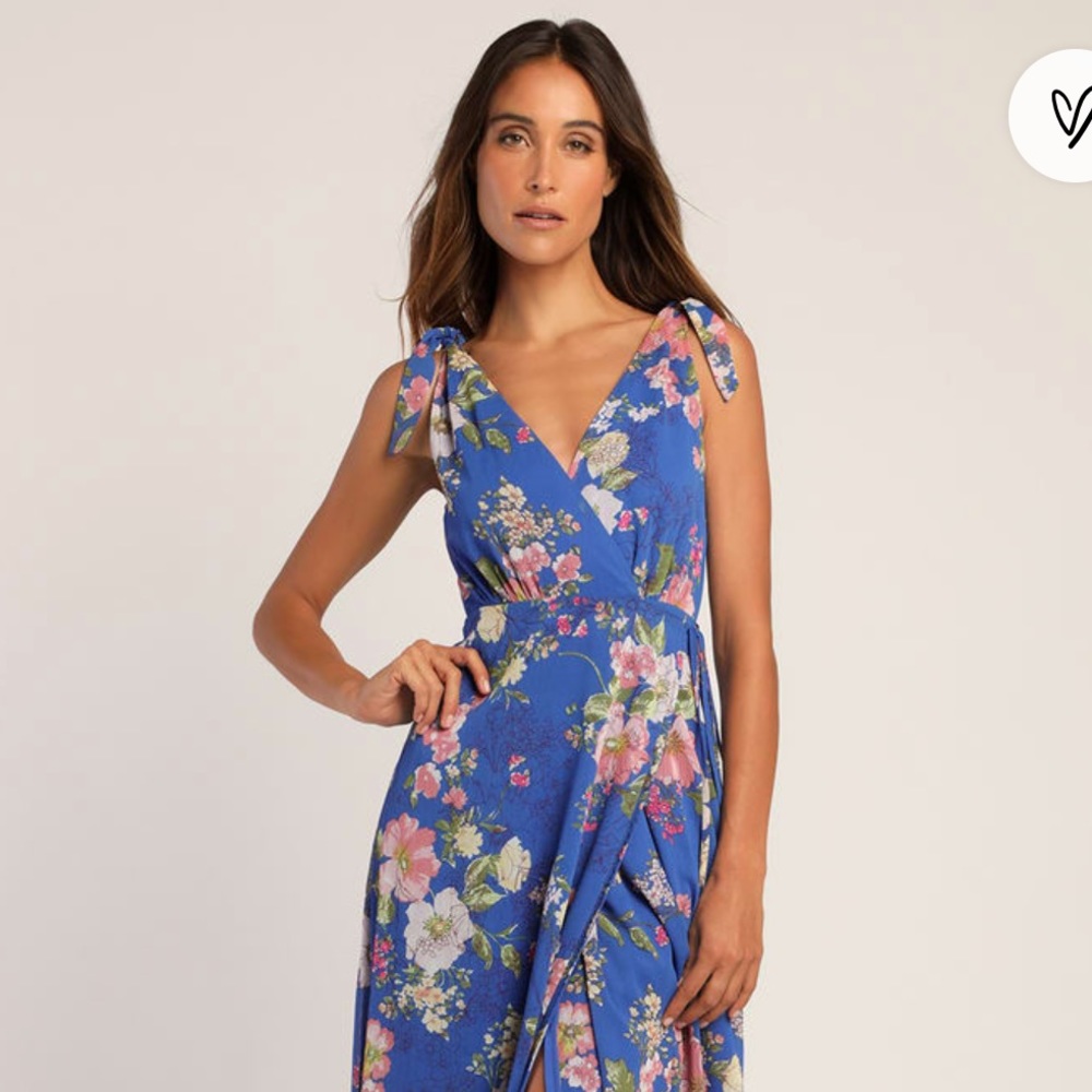 Lulu’s Sensational Season Blue Floral Print Tie-Strap Wrap Midi Dress